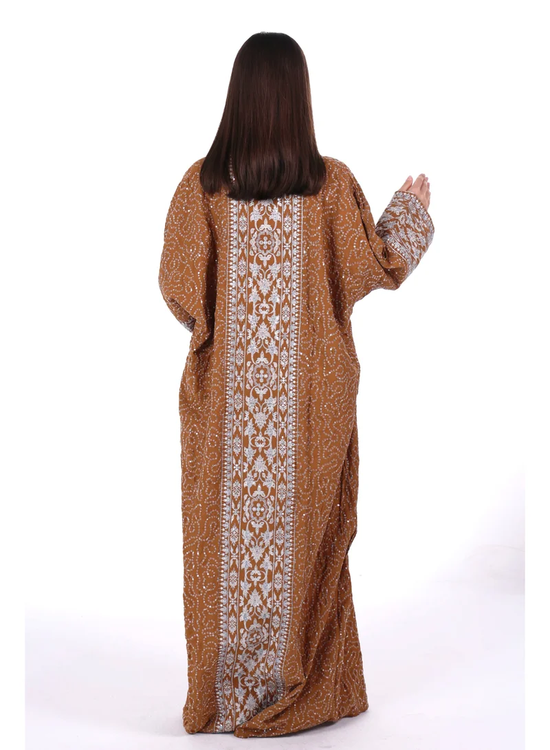 AL BENT AL SHARQIEH brown Embroidered Linen Jalabiya dress with unvisible belt for Women | Best Price UAE